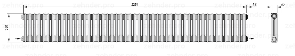 Схема (чертеж) Радиатор Zehnder Charleston 2035/49 №2670 Белый глянцевый RAL 9016